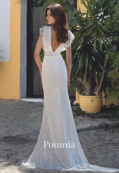 V-Neck Cap Sleeves Lace Appliqued Mermaid Wedding Dress with Train Backless Boho Wedding Dress