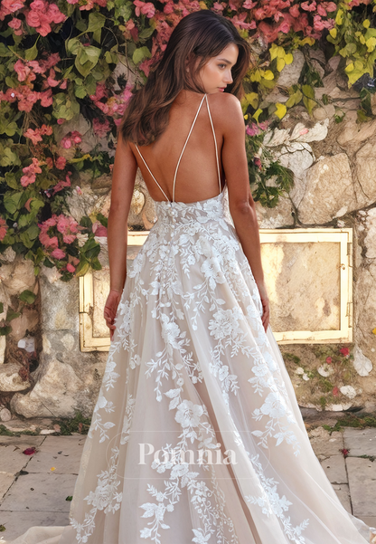 Spaghetti Straps V-Neck Crisscross Back Floral Lace Appliqued Court Train Beach Wedding Dress