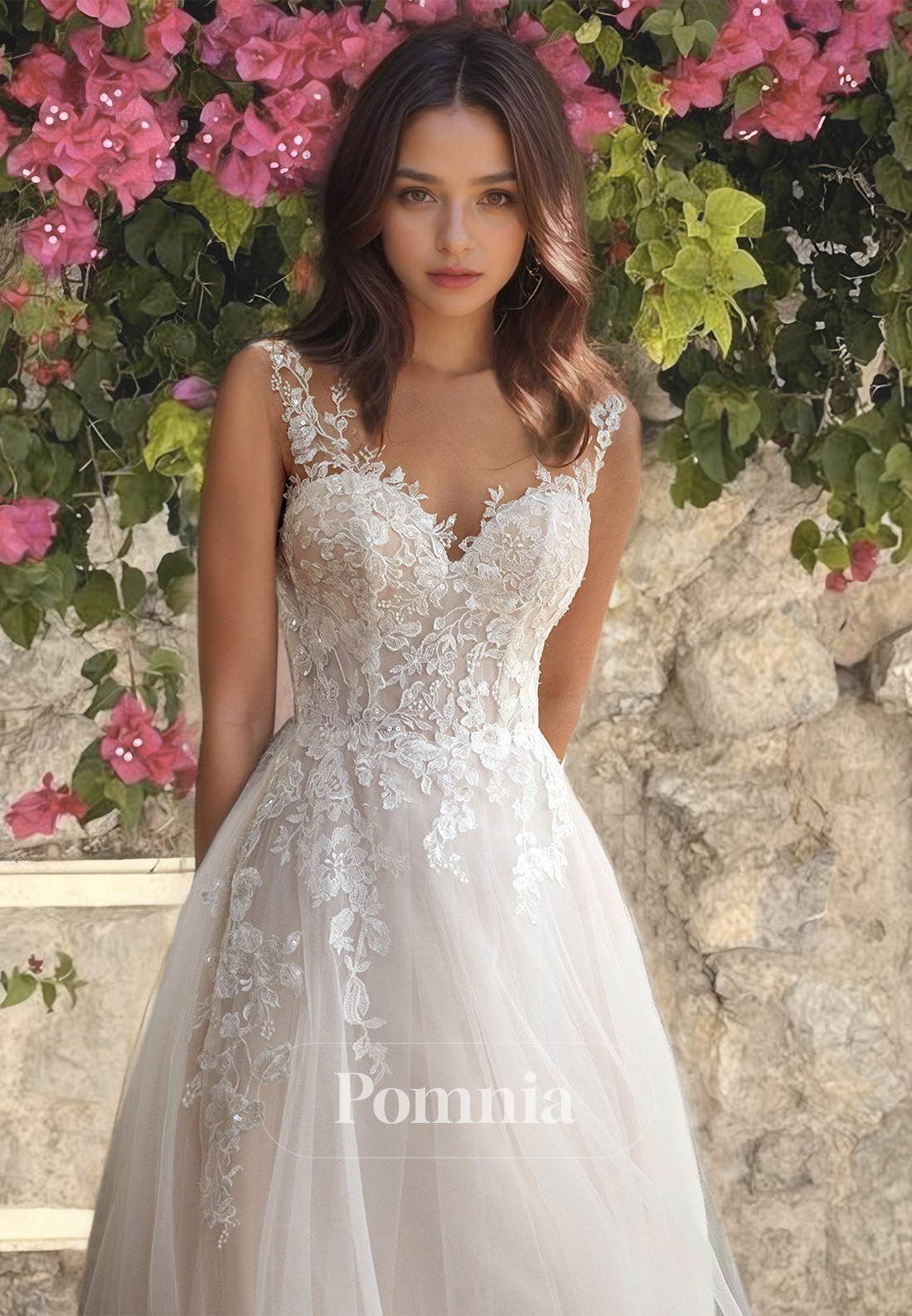 A-Line Spaghetti Straps Floral Appliqued Court Train Lace Wedding Dress