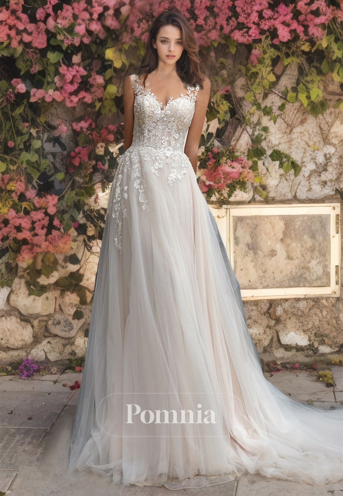 A-Line Spaghetti Straps Floral Appliqued Court Train Lace Wedding Dress