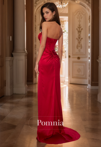 Red Strapless Ruched Backless Formal Prom Dress with Slit Mermaid Evening Party Dress