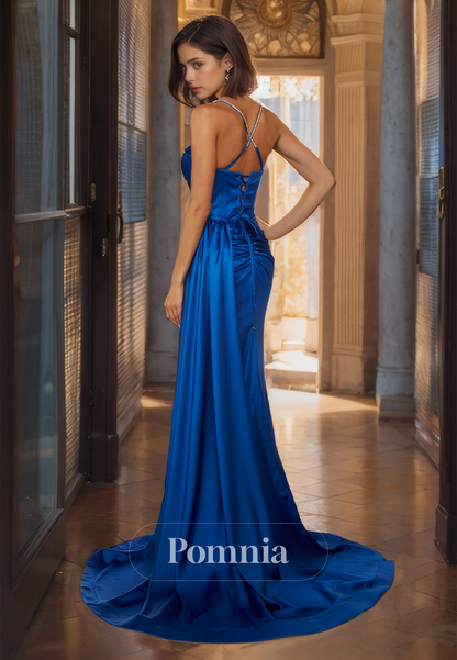 Royal Blue Mermaid Formal Evening Dress with Slit Spaghetti Straps Sweep Train Prom Party Dress