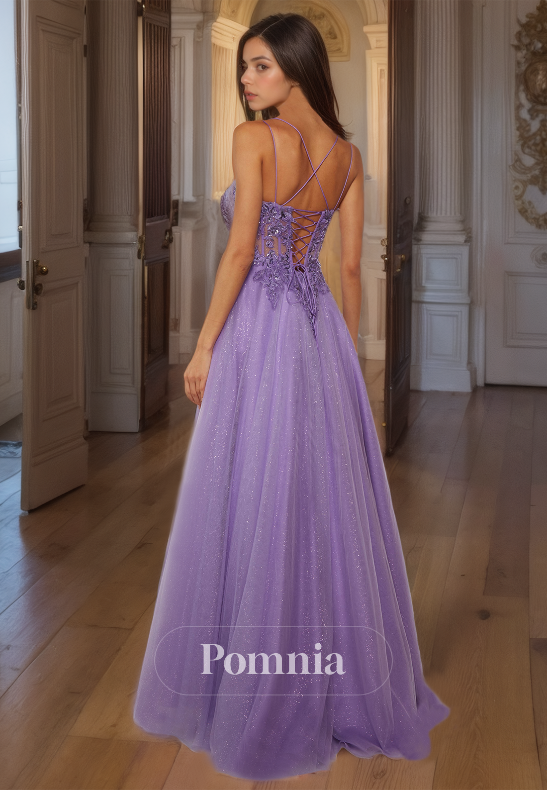 A-Line Spaghetti Straps Corset Tulle Formal Evening Dress with Appliques Lace-up Back Prom Party Dress