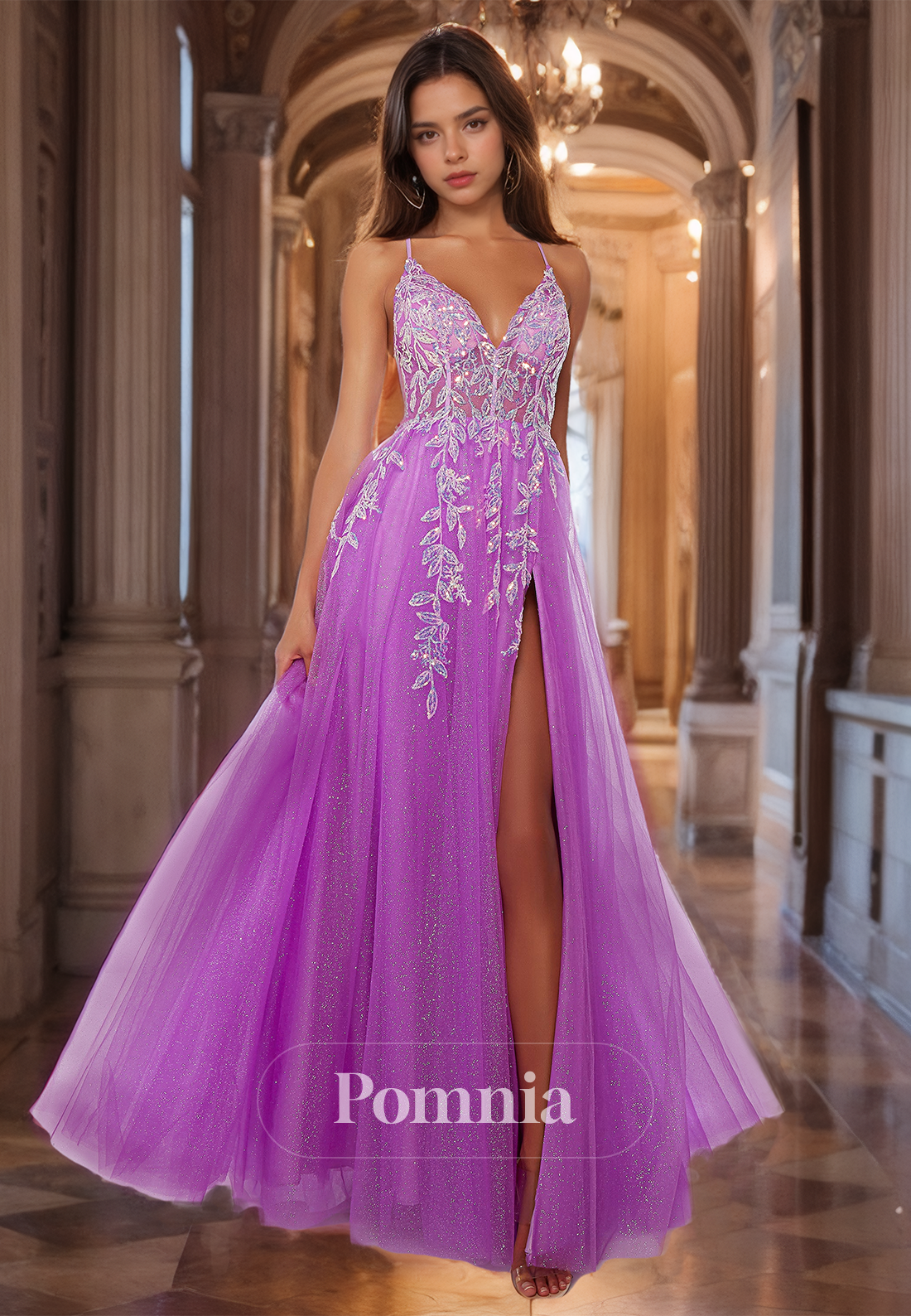 Purple Spaghetti Straps Appliques Tulle Formal Evening Dress with Slit Strappy Prom Dress