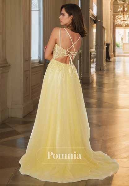 Daffodil Spaghetti Straps Formal Evening Dress with Slit Appliques Lace Strappy Prom Party Dress