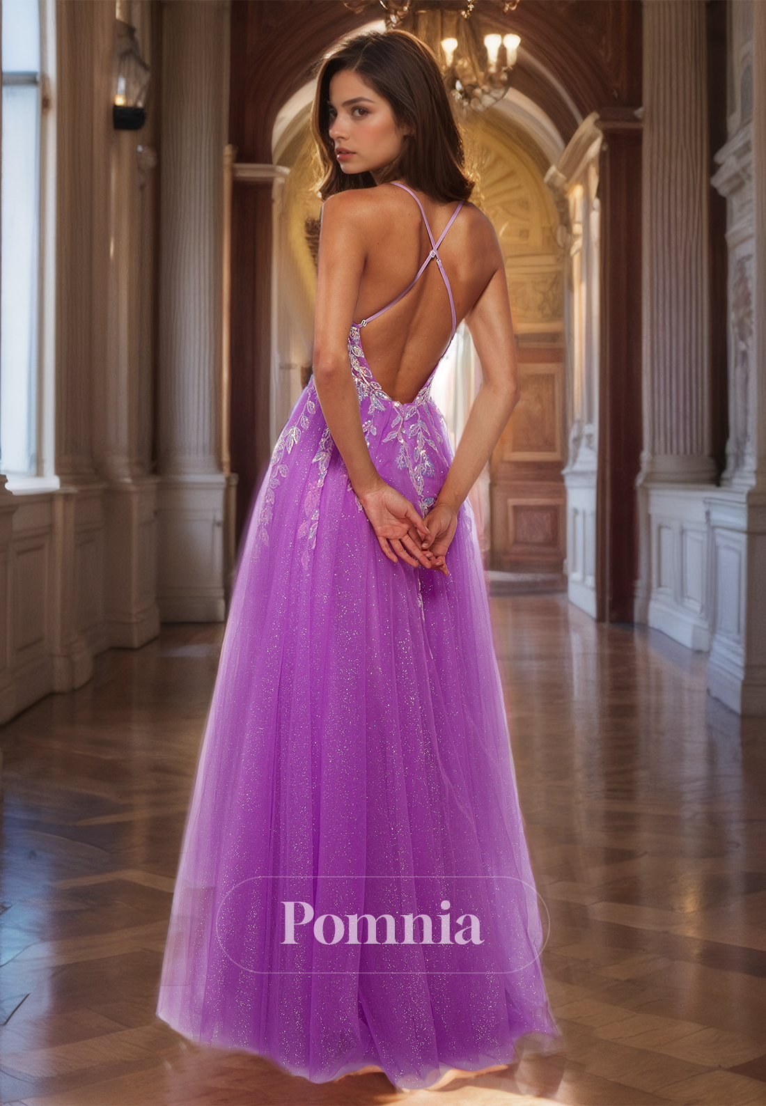 Purple Spaghetti Straps Appliques Tulle Formal Evening Dress with Slit Strappy Prom Dress