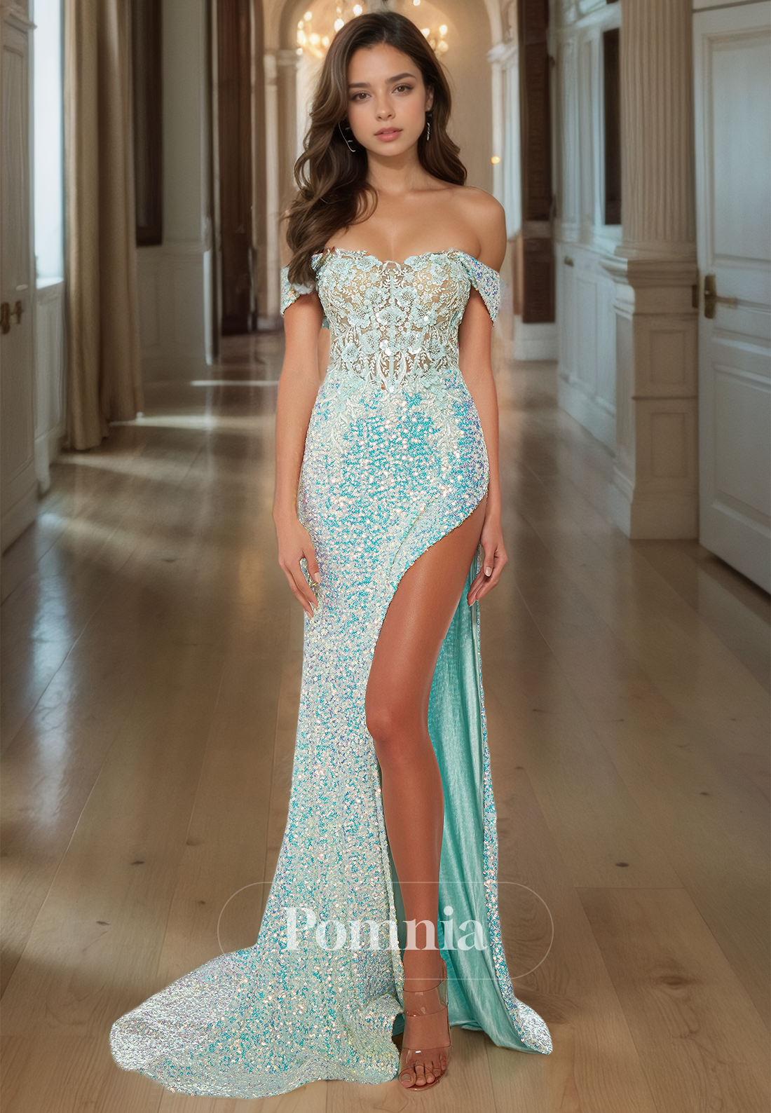 Cap Sleeves Glitter Sequins Mermaid Prom Dress with Slit Lace-Up Back Evening Party Dress