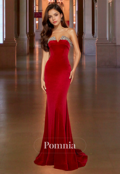 Red Velvet Pleats Strapless Formal Evening Dress with Train Mermaid Lace-Up Back Prom Party Dress