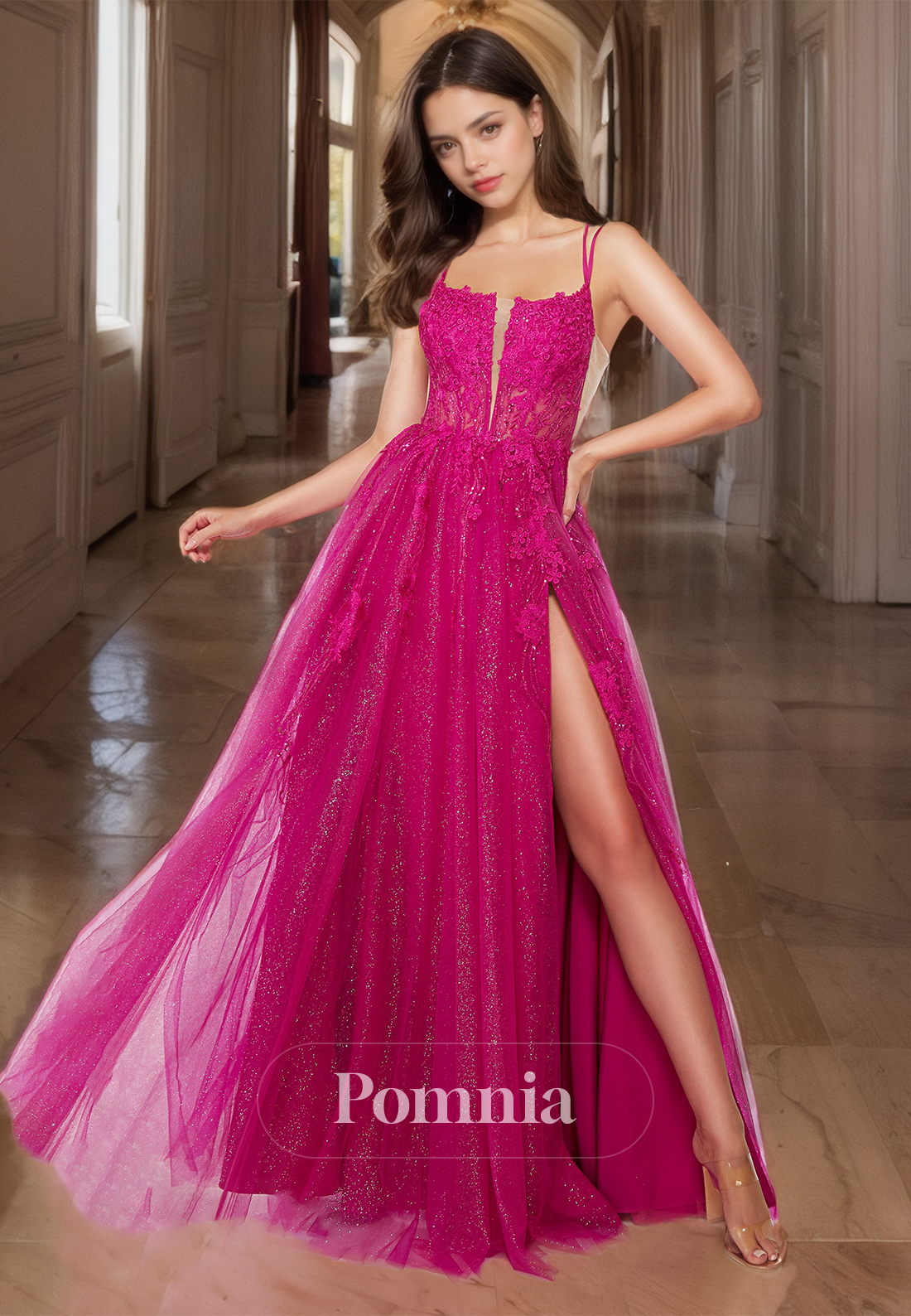 Fuchsia Spaghetti Straps Lace-up Back Fromal Party Dress with Slit Lace Appliques Prom Evening Dress