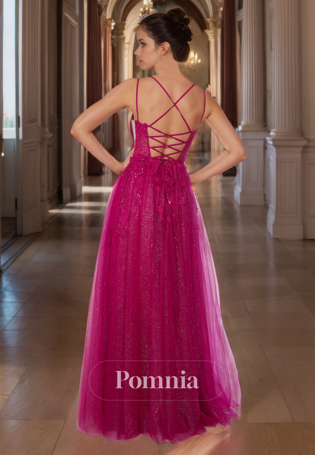 Fuchsia Spaghetti Straps Lace-up Back Fromal Party Dress with Slit Lace Appliques Prom Evening Dress