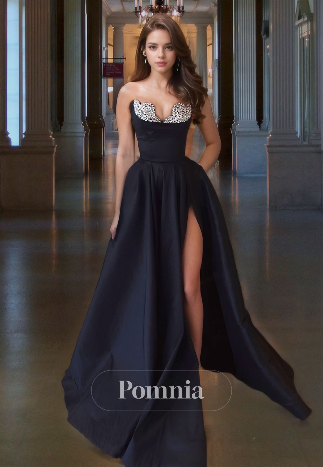 Black Sleeveless Off-Shoulder Formal Evening Dress with Slit Rhinestones Prom Party Dress