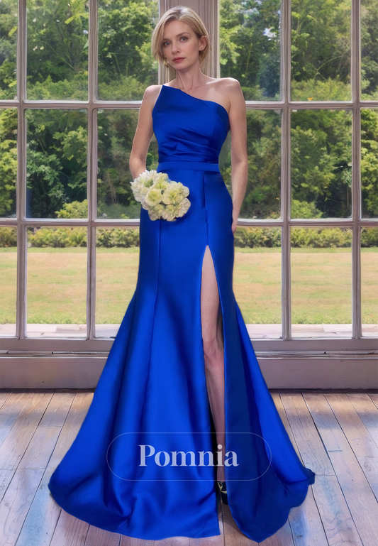 Royal Blue One Shoulder Sleeveless Floor-Length Side Slit Long Mother of the Bride Dress