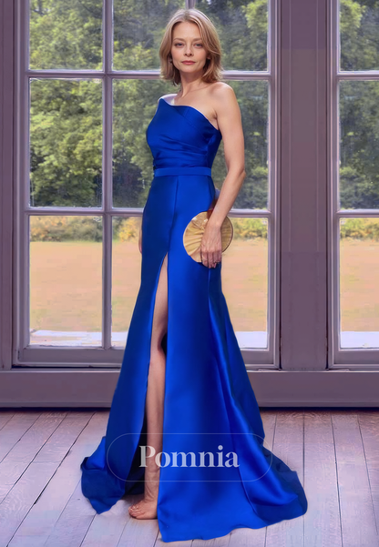 Royal Blue One Shoulder Sleeveless Floor-Length Side Slit Long Mother of the Bride Dress