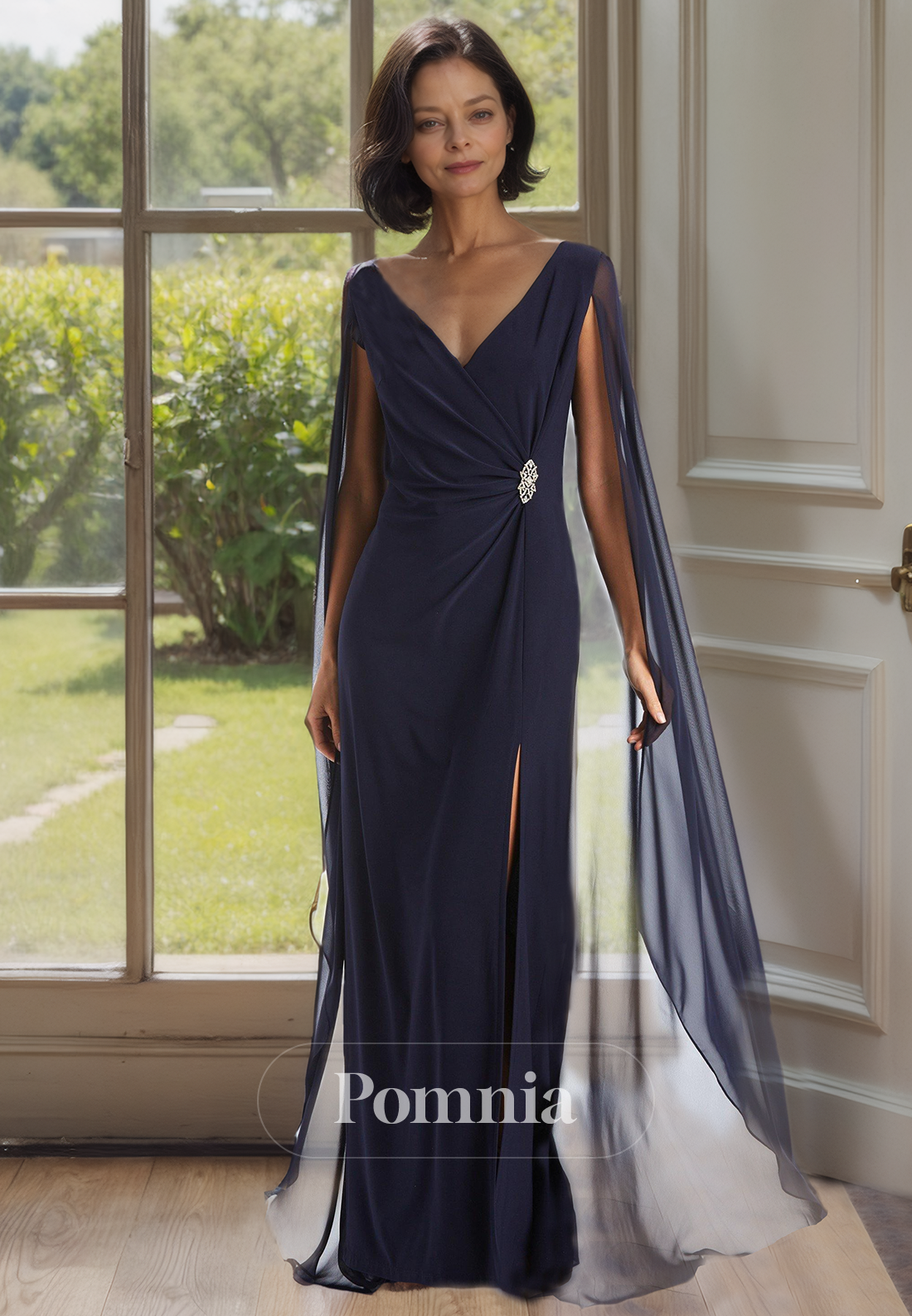 Elegant Dark Navy V-Neck Sleeveless Ruched Beaded Mother of Bride Dress with Slit