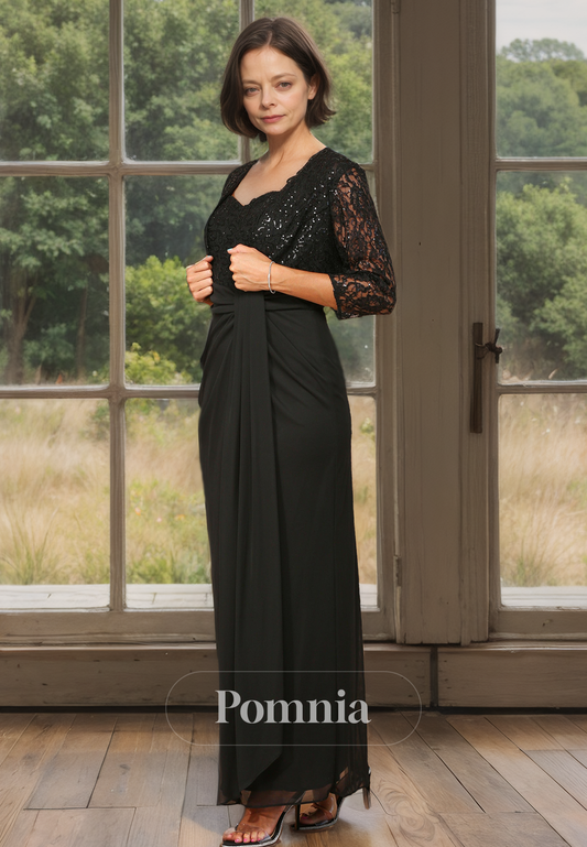 Black Sweetheart Empire-Waist Ruched Long Mother of Bride Dress with Lace Coat