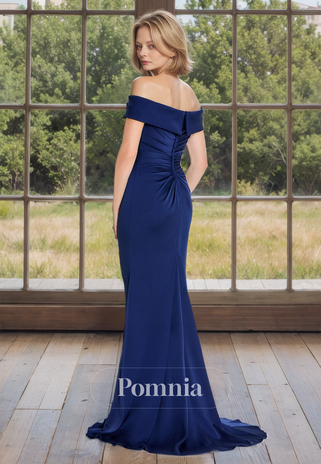 Dark Navy Off-Shoulder Mermaid Beaded Satin Side Slit Long Mother of Bride Dress