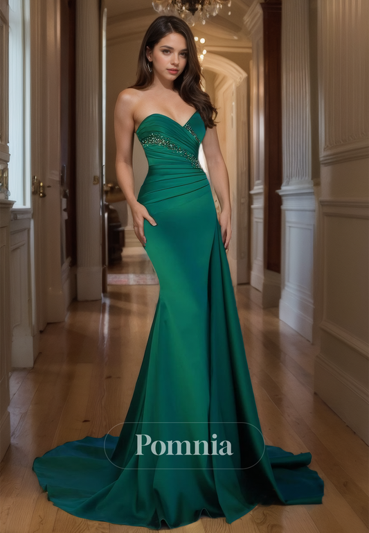 Dark Green Mermaid Formal Party Dress with Beads Strapless Evening Prom Dress