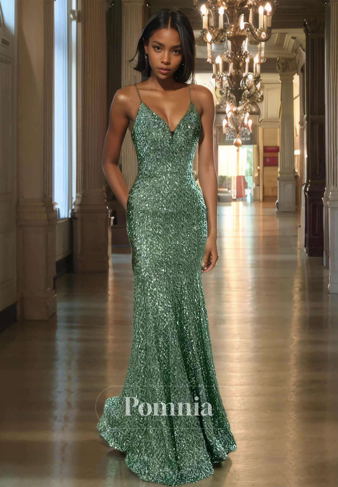 Sparkly Spaghetti Straps Deep V-Neck Prom Dress with Appliques Mermaid Evening Party Dress