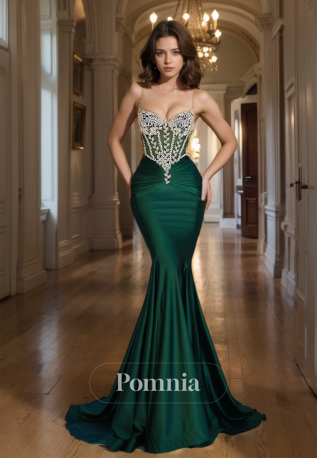 Pine V-Neck Spaghetti Straps Evening Dress with Beads V-Neck Ruched Mermaid Prom Party Dress