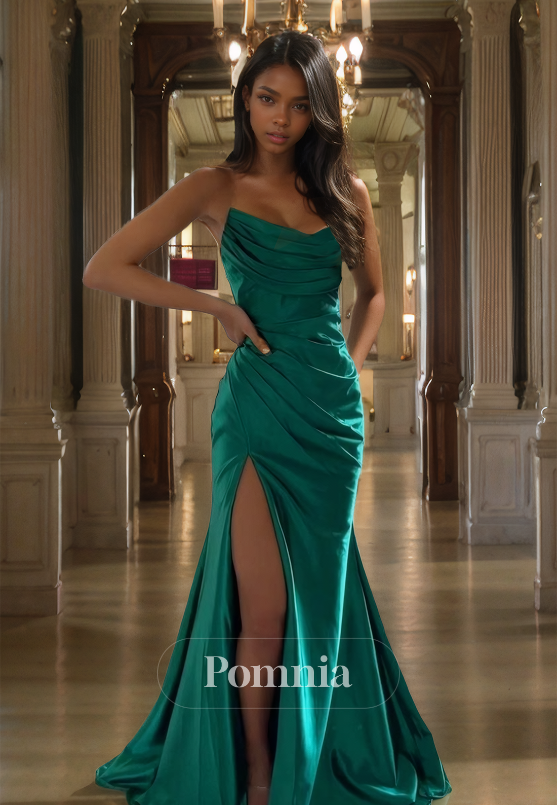 Strapless Sleeveless Floor-Length Prom Dress with Slit Ruched Party Evening Dress