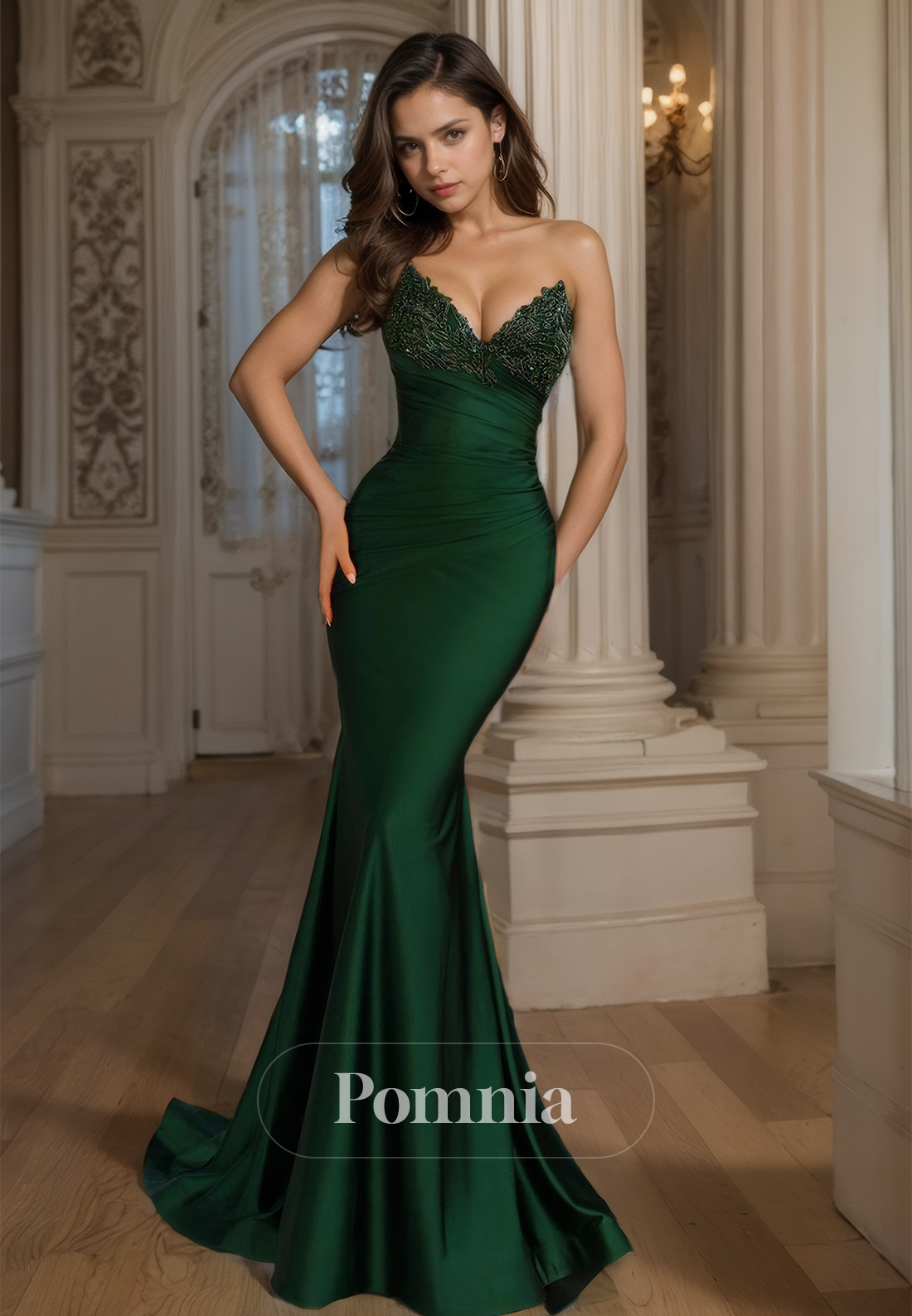 Deep V-Neck Sleeveless Mermaid Evening Dress with Beads Ruched Prom Party Dress