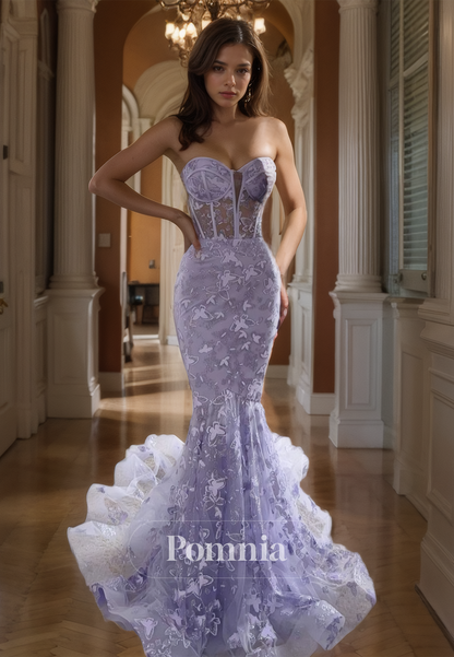 Stunning Mermaid Strapless Illusion Corset Tulle Prom Dress with Appliques Prarty Evening  Dress