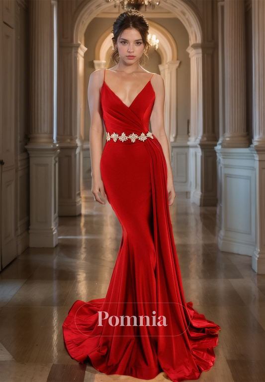 Red Deep V-Neck Empire-Waist Prom Dress with Train Spaghetti Straps Evening Party Dress