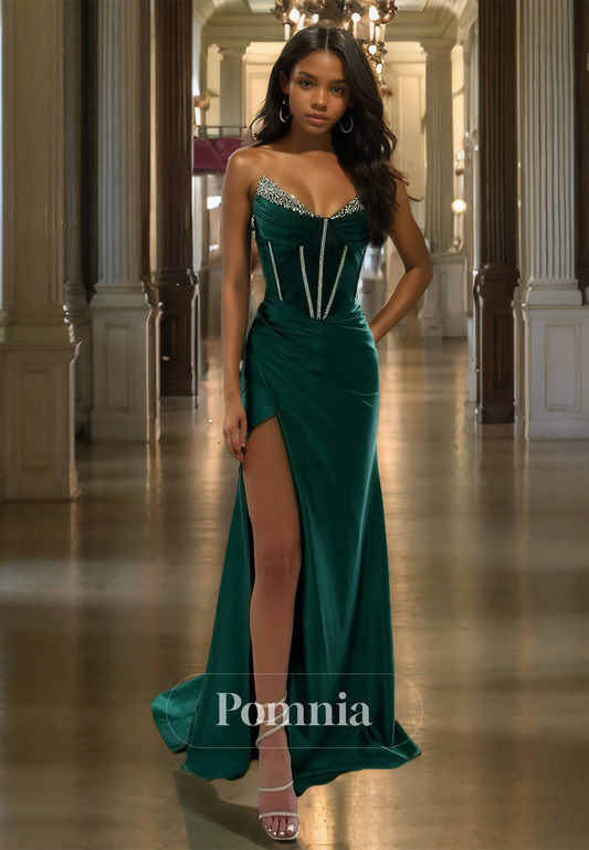 Dark Green Strapless Beaded Evening Dress with Side Slit Ruched Corset Prom Party Dress