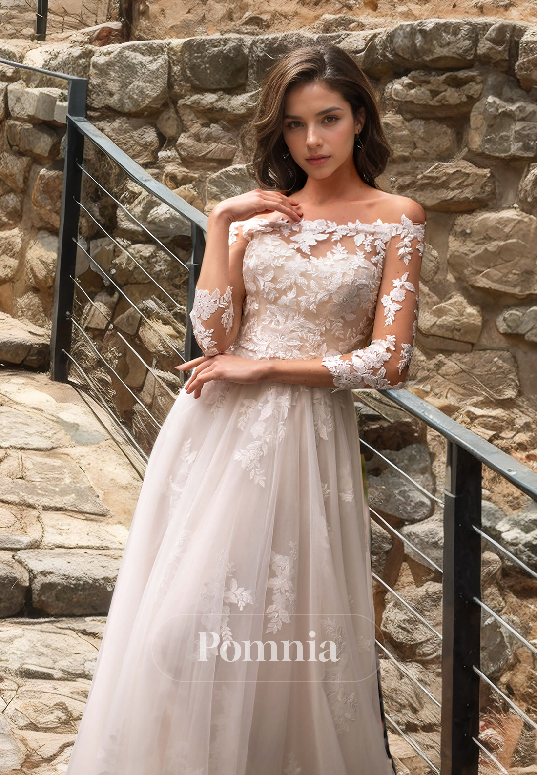 Ornate A-Line Off-Shoulder 3/4 Sleeves Floral Appliques Lace Wedding Dress