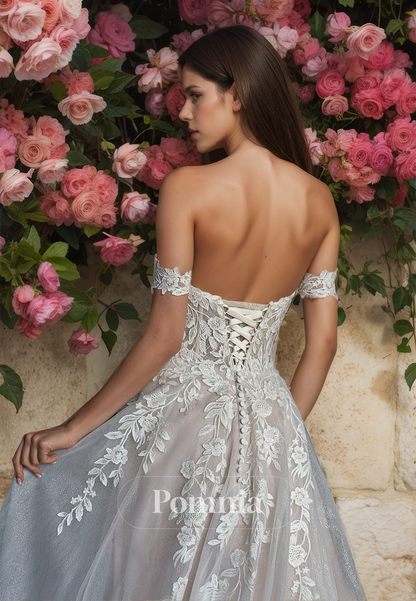 A-Line Off-Shoulder Backless Side Slit Court Train Floral Appliques Lace Wedding Dress