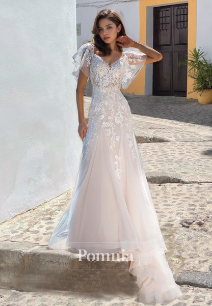 Chic A-Line Short Sleeves V-Neck Corset Tulle Illusion Backless Appliques Lace Wedding Dress