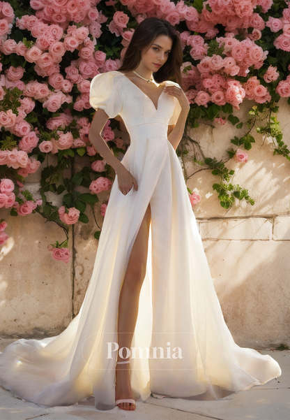 A-LIne Puff Sleeves V-Neck Side Slit Sweep Train Backless Satin Wedding Dress