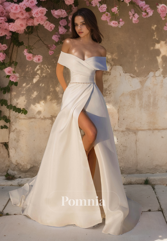 A-Line Off-Shoulder Sleeveless Side Slit Ruched Sweep Train Beach Wedding Dress