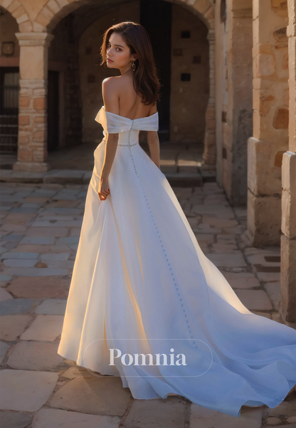 A-Line Off-Shoulder Sleeveless Side Slit Ruched Sweep Train Beach Wedding Dress