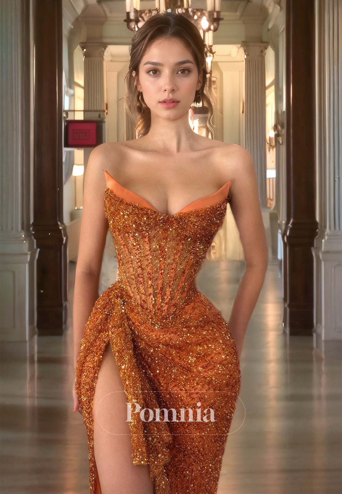 Papaya Ruched Strapless Sleeveless Evening Dress with Slit Sequins Prom Party Dress