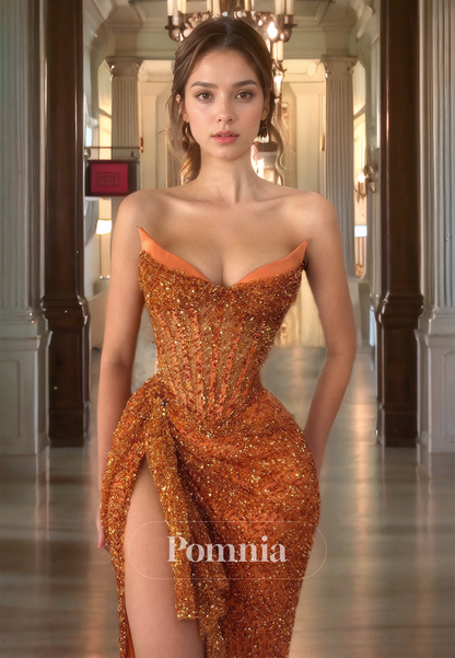 Papaya Ruched Strapless Sleeveless Evening Dress with Slit Sequins Prom Party Dress