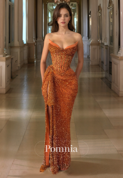 Papaya Ruched Strapless Sleeveless Evening Dress with Slit Sequins Prom Party Dress