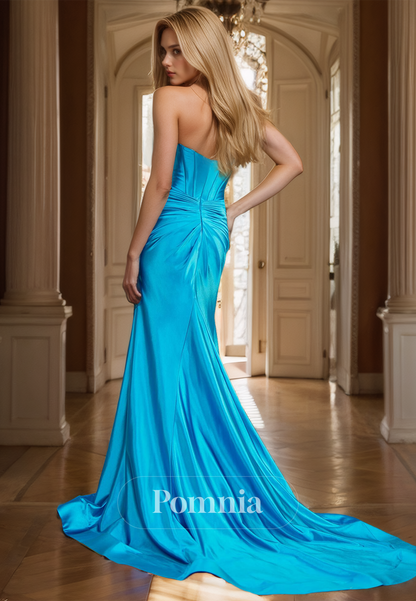 Mermaid Strapless Ruched Prom Dress with Side Slit Backless Illusion Evening Party Dress