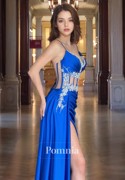 Royal Blue Spaghetti Straps Illusion Corset Evening Dress with Side Slit Ruched Prom Party Dress