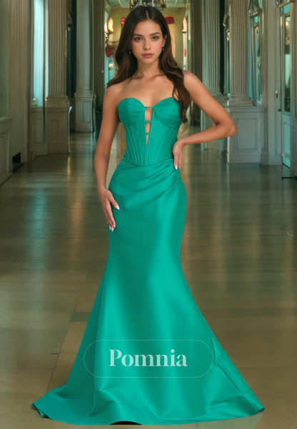 Mermaid Strapless Sleeveless Prom Party Dress with Train Ruched Illusion Formal Evening Dress