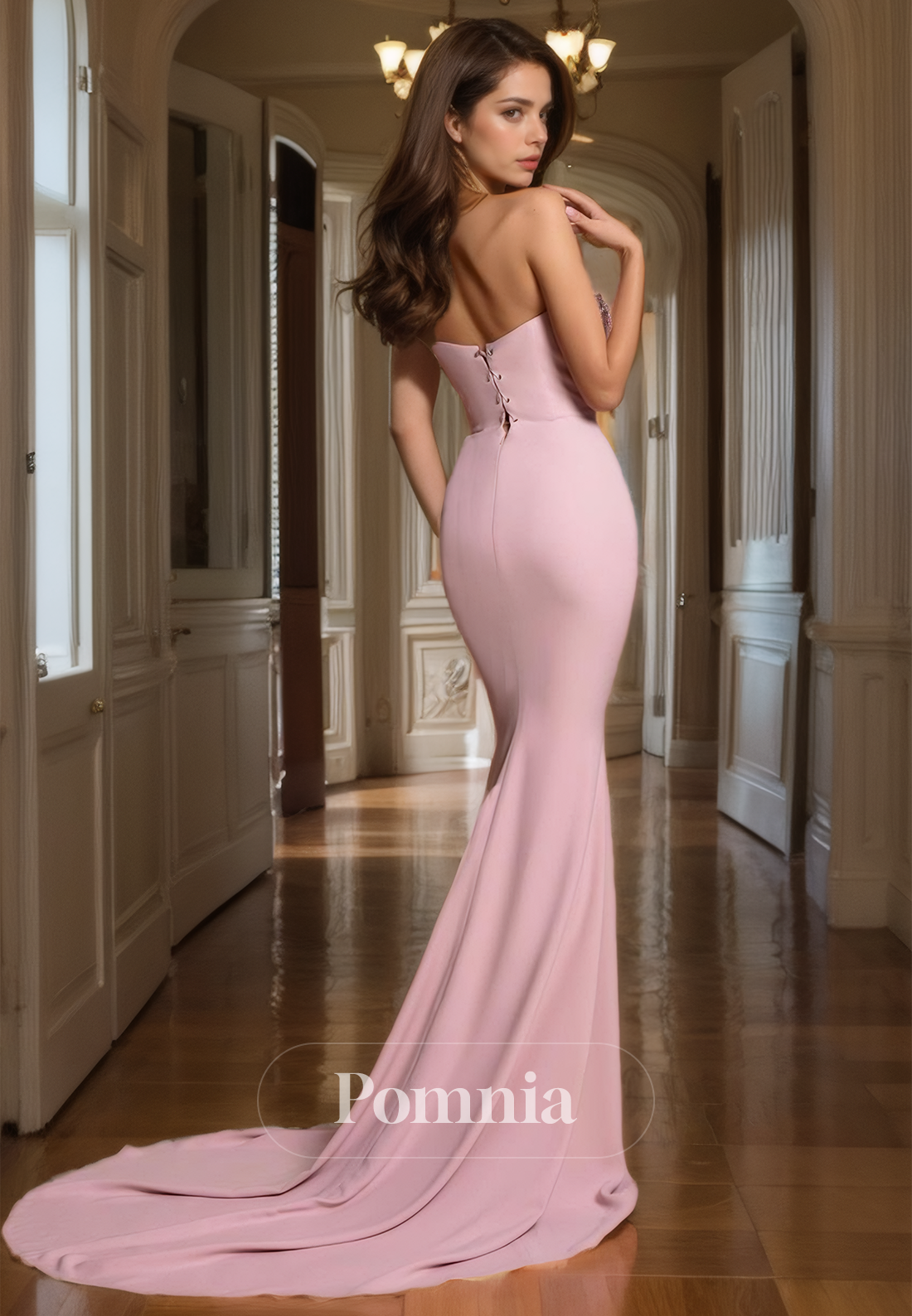 Blushing Pink Strapless Backless Prom Dress with Train Mermaid Evening Party Dress