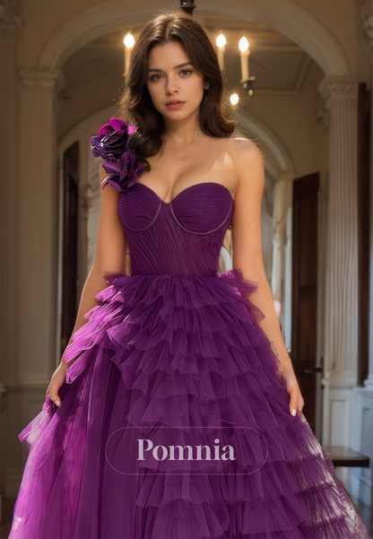 Plum A-Line One-Shoulder Evening Dress with Ruffles Tiered Corset Prom Party Dress