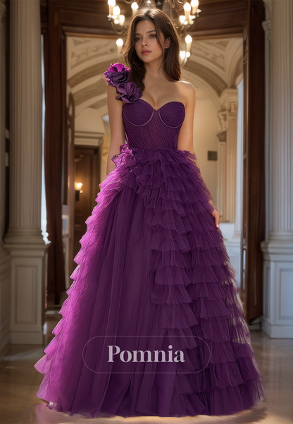 Plum A-Line One-Shoulder Evening Dress with Ruffles Tiered Corset Prom Party Dress