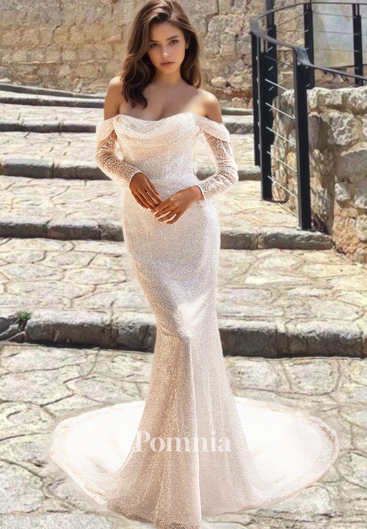 Sparkly Off-Shoulder Long Sleeves Sweep Train Sequins Mermaid Wedding Dress