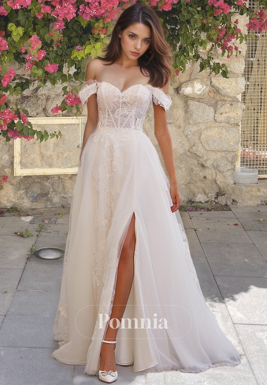 Charming A-Line Off-Shoulder Side Slit Corset Tulle Sweep Train Lace Wedding Dress