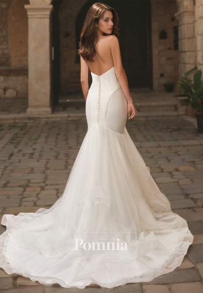 Ornate Strapless Sleeveless Backless Ruched Romantic Mermaid Wedding Dress