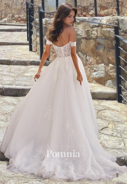 Charming A-Line Off-Shoulder Side Slit Corset Tulle Sweep Train Lace Wedding Dress