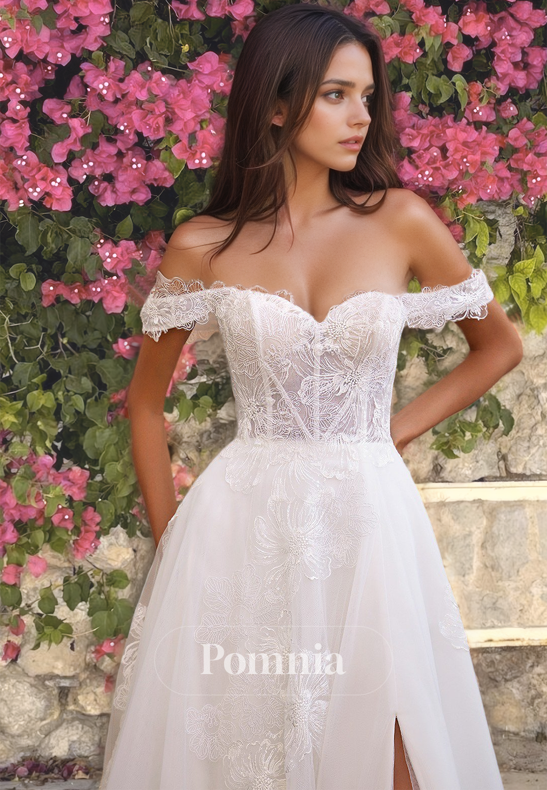 Charming A-Line Off-Shoulder Side Slit Corset Tulle Sweep Train Lace Wedding Dress