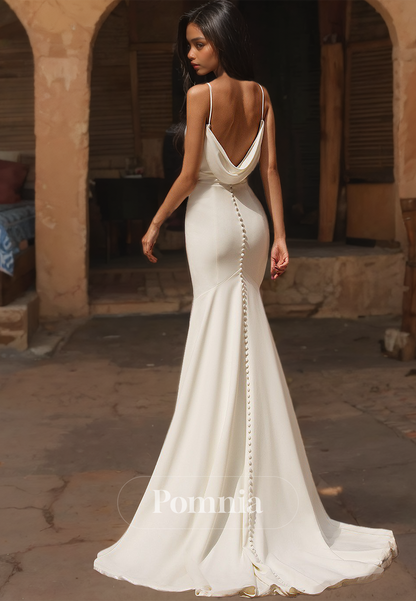 Simple Spaghetti Straps Scoop Backless Ruched Satin Mermaid Wedding Dress