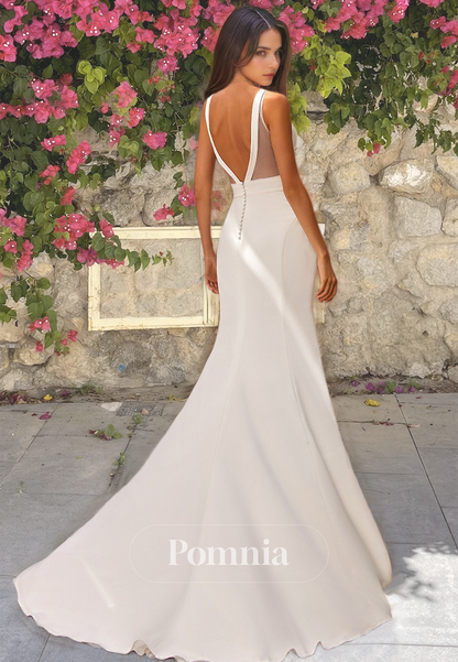 Spaghetti Straps Deep V-Neck Sleeveless Backless Sweep Train Satin Wedding Dress